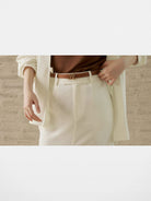 WANLIMA Top Grain Leather Thin Belt in Brown - On Female Model