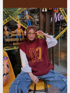 BeerBro Graphic Cable Knit Turtleneck Vest in Burgundy - On Model