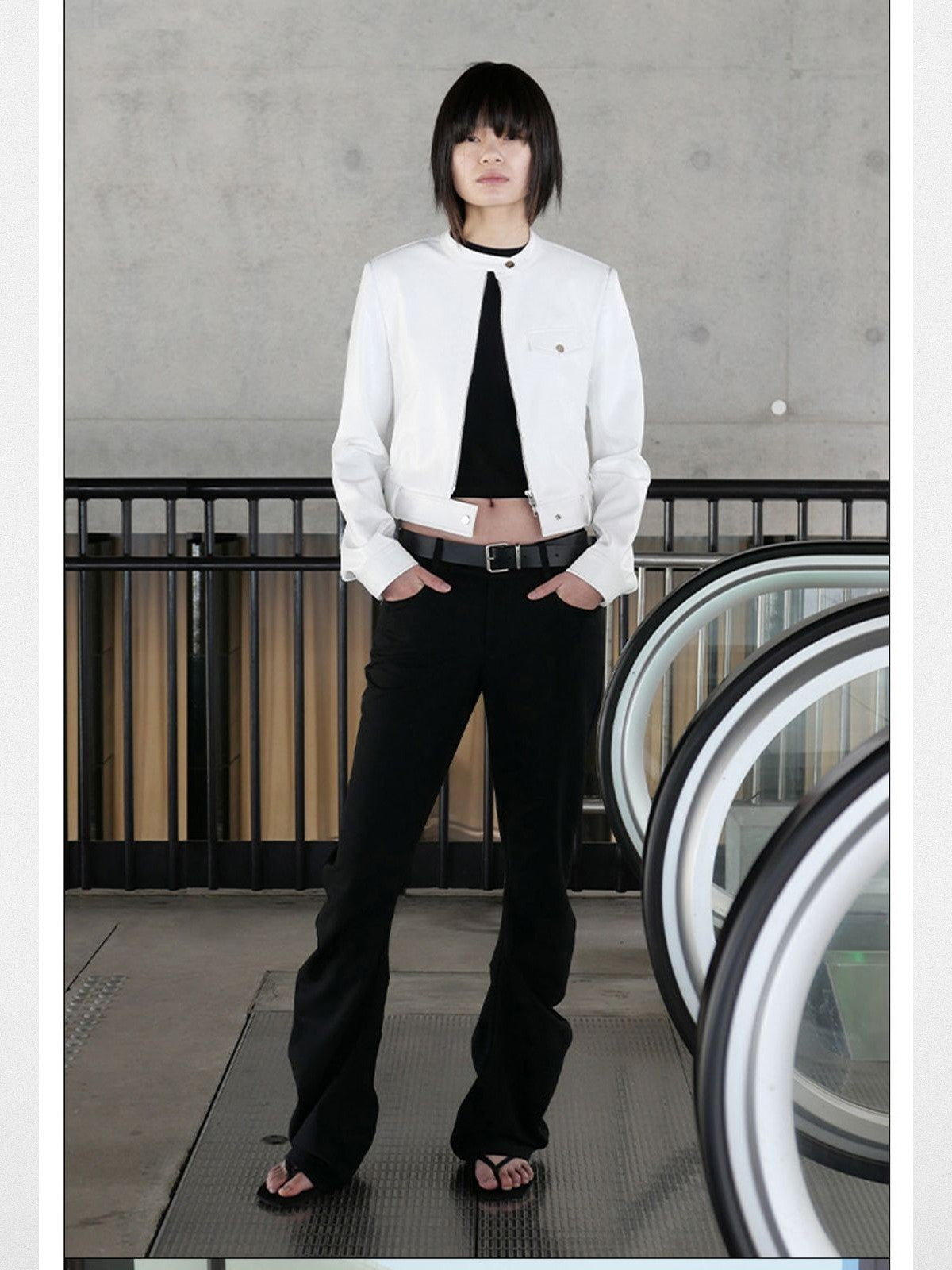 RARELY ALIKE Curved Leg Flared Suit Pants in Black - On Model