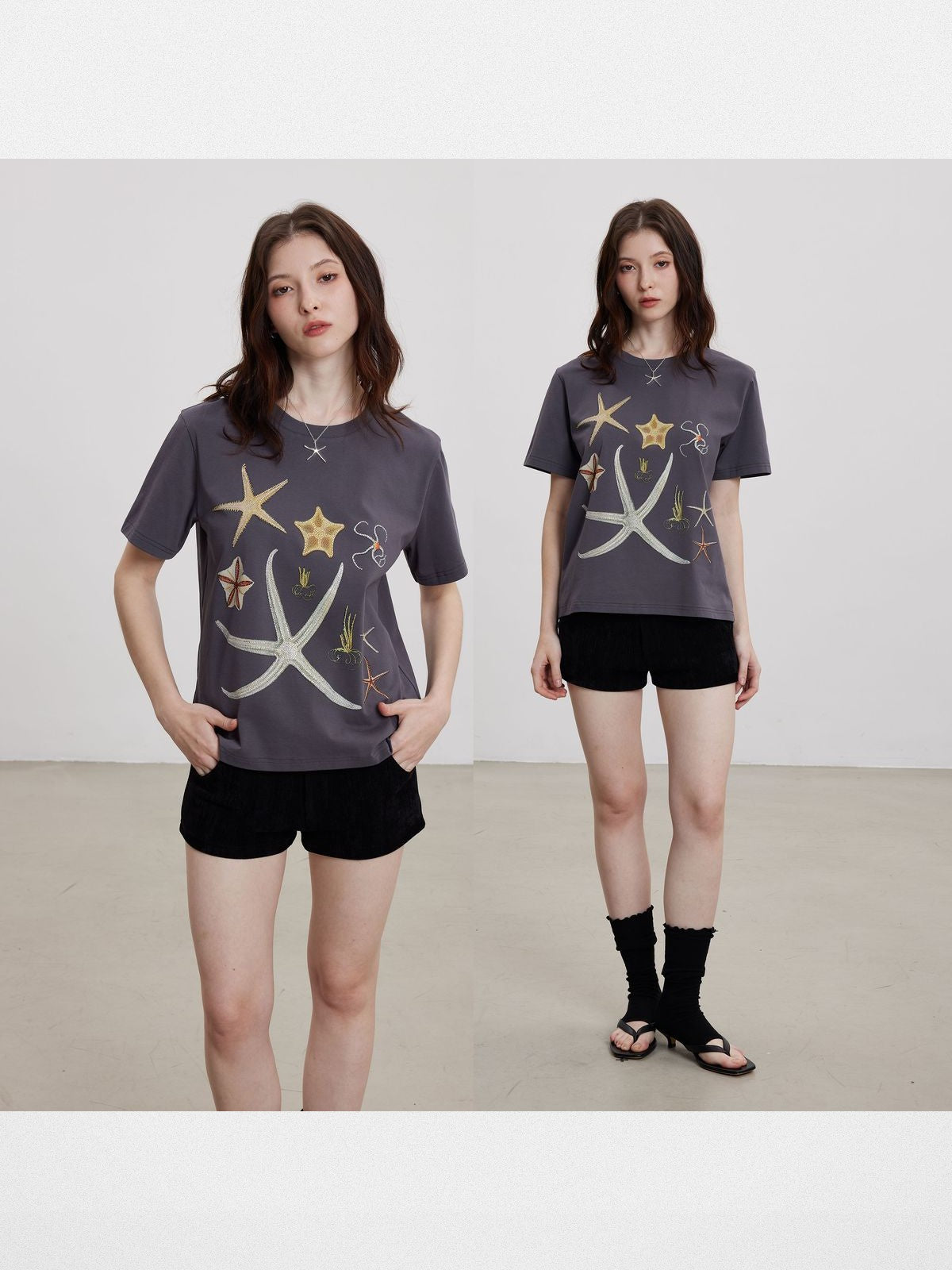 THELIGHT OFFICIAL Starfish Rhinestone T Shirt in Gray - On Model