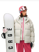 FPA Logo Print Down Puffer Jacket in White - On Female Model