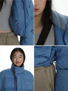MasonPrince Cropped 90 Down Puffer in Blue - On Female Model