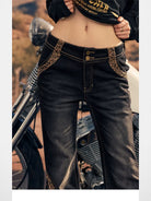 BeerBro Leopard Panel Lace Up Flare Jeans in Denim - On Model