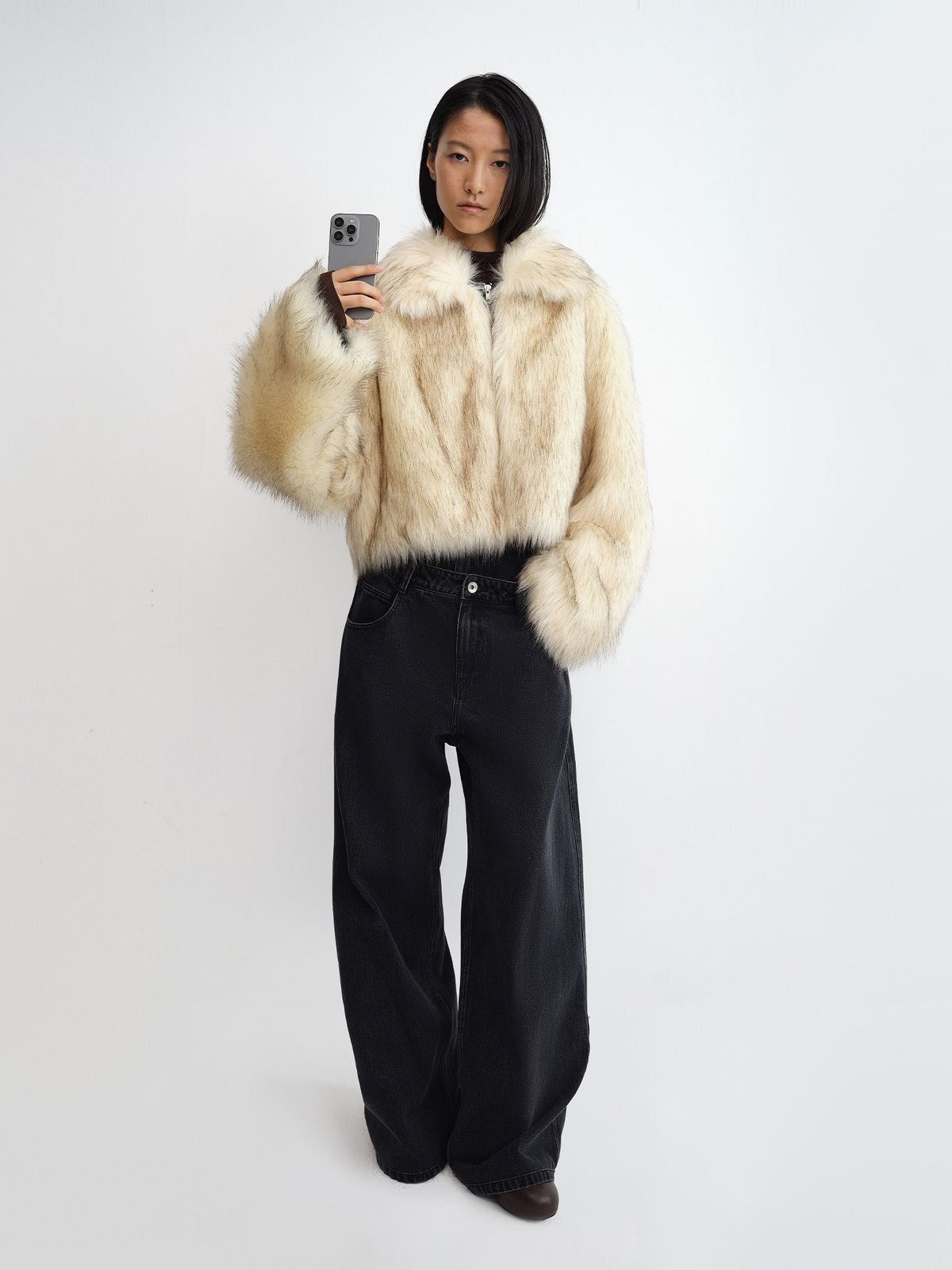 RARELY ALIKE Short Faux Fur Zip Jacket in Cream - On Model