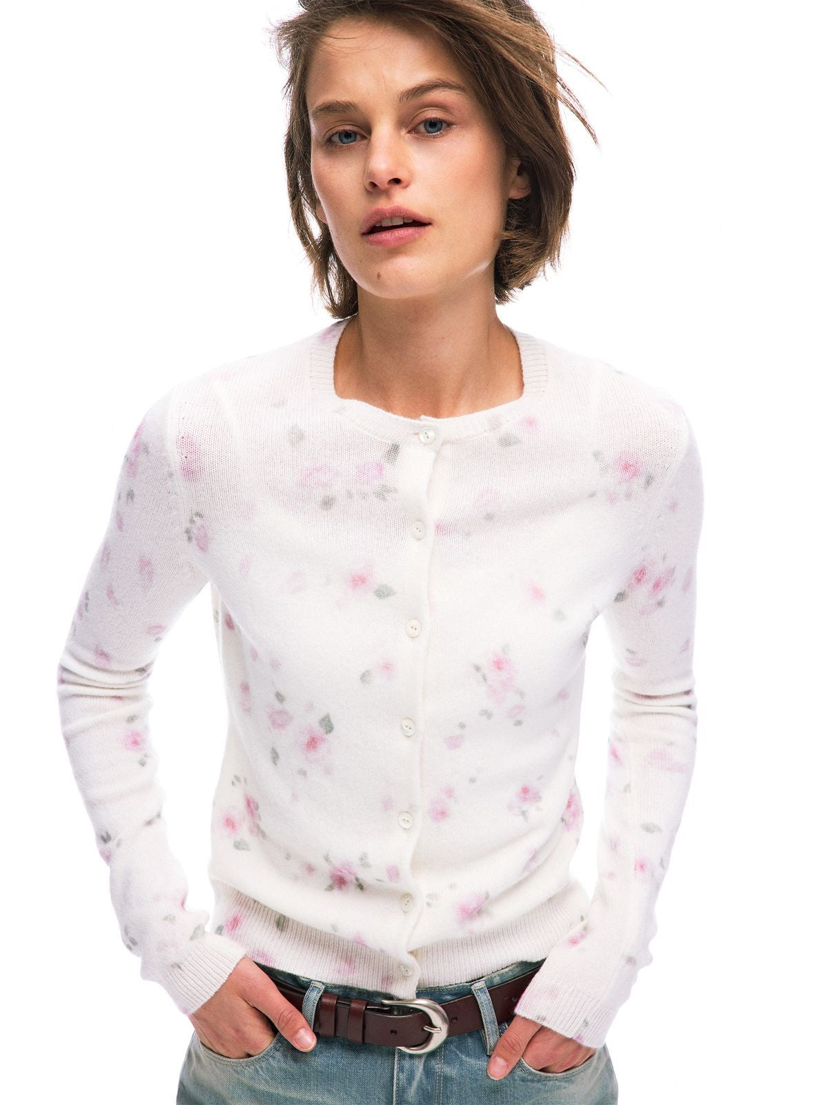 Alright then Watercolor Floral Wool Cardigan in White - On Model