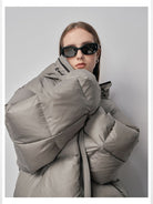 NANS Micro Check Hooded Down Puffer in Gray - On Female Model
