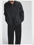 NANS Speckled Wool Blend Zip Cardigan in Gray - On Model