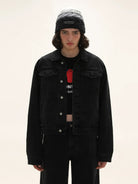 MASONPRINCE Embroidered Short Denim Jacket in Black - On Male Model #color_black