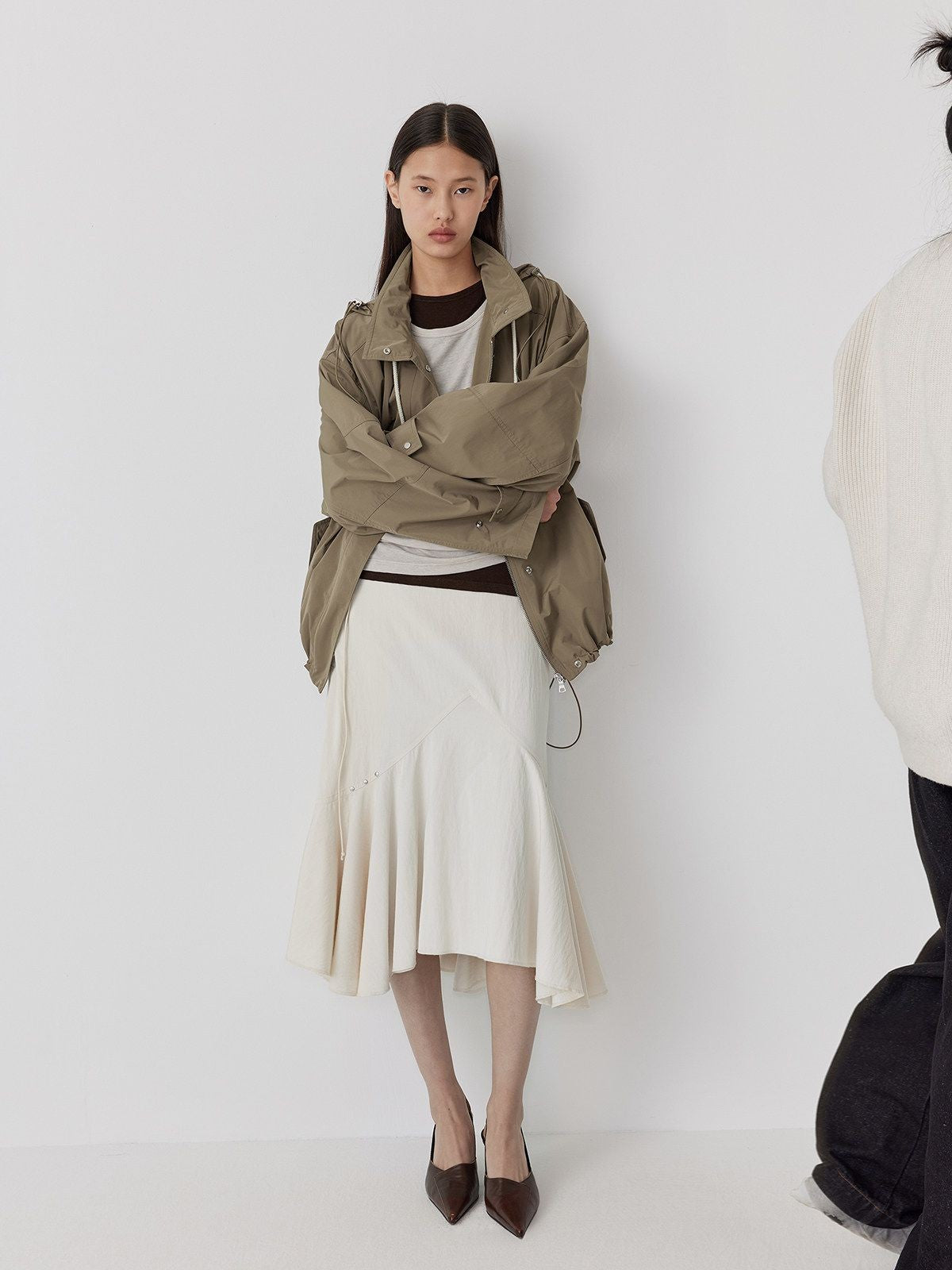 RandomPiece Stowable Hood Triacetate Jacket in Olive - On Model