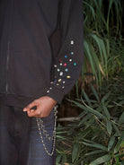 TRIANGLE PROJECT Gemstone Embellished Zip Hoodie in Black - On Model