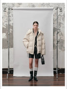 NANS Corduroy Texture Down Puffer Jacket in White - On Female Model