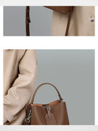 VINEY Split Leather Bucket Bag in Brown - On Female Model
