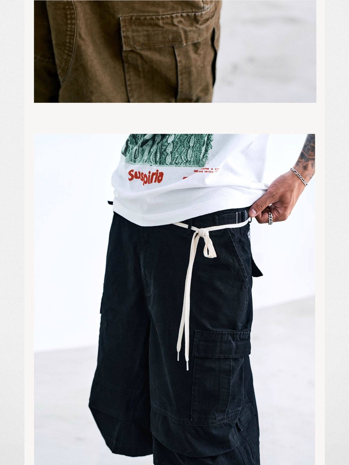 SWFI Distressed Wide Leg Cargo Shorts in Black - On Model