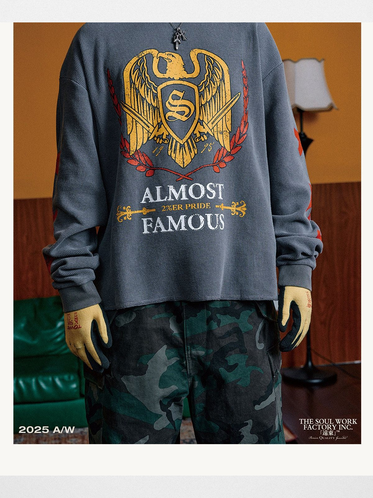 SWFI Distressed Graphic Waffle Long Sleeve in Gray - On Model