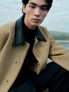 ROYA Sheepskin Collar Wool Blend Safari Jacket in Yellow - On Model