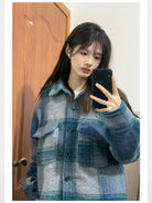 LOSTCTRL Brushed Plaid Shirt Jacket in Blue - On Model