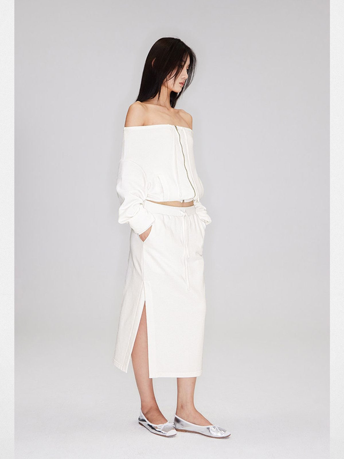 RARELY ALIKE Two Way Off Shoulder Zip Hoodie in White - On Model