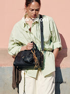 Songmont Contrast Stitch Leather Bowling Bag in Black - On Model