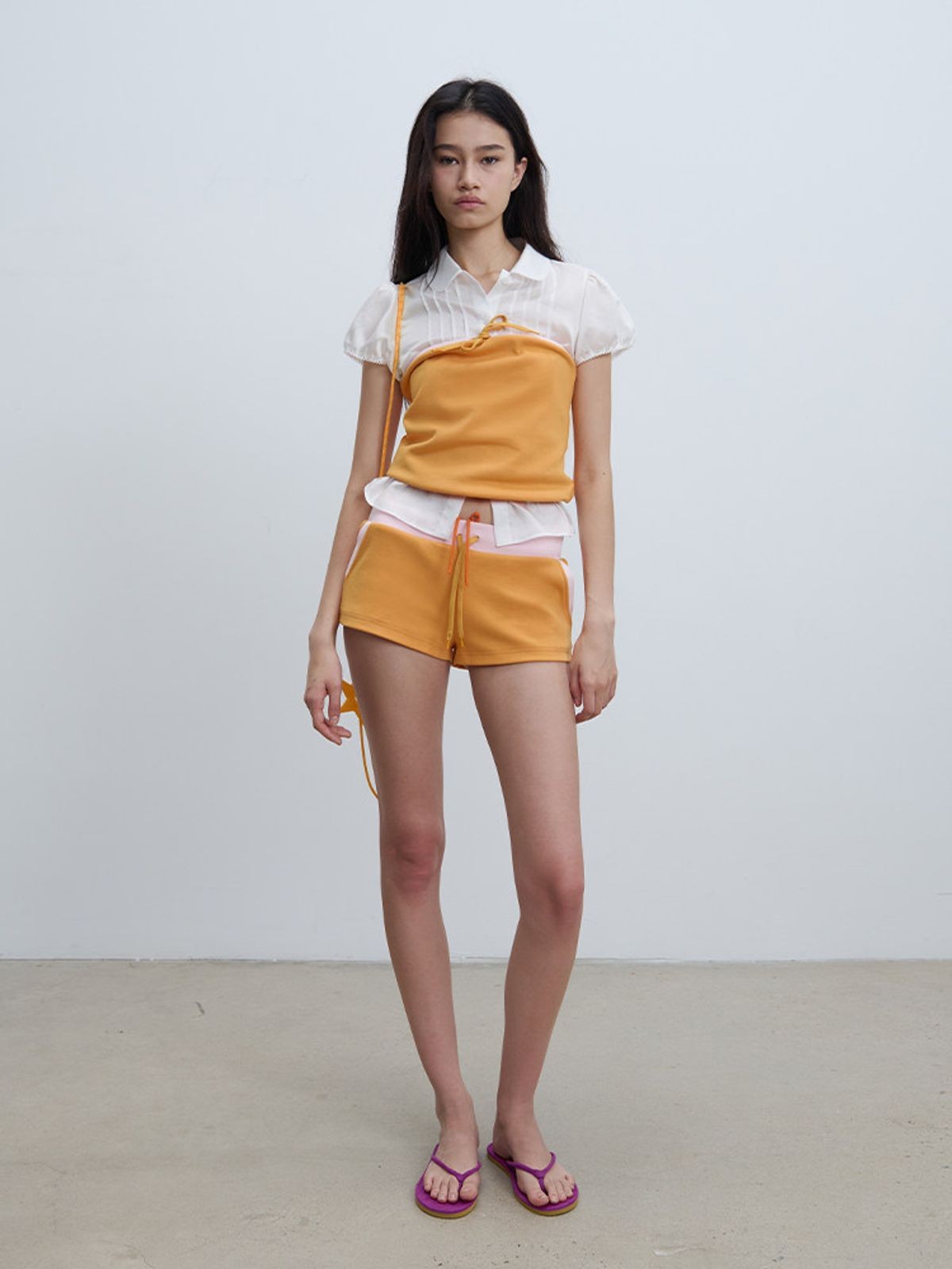 RARELY ALIKE Color Block Sweat Shorts in Orange - On Model
