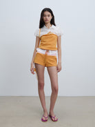 RARELY ALIKE Color Block Sweat Shorts in Orange - On Model