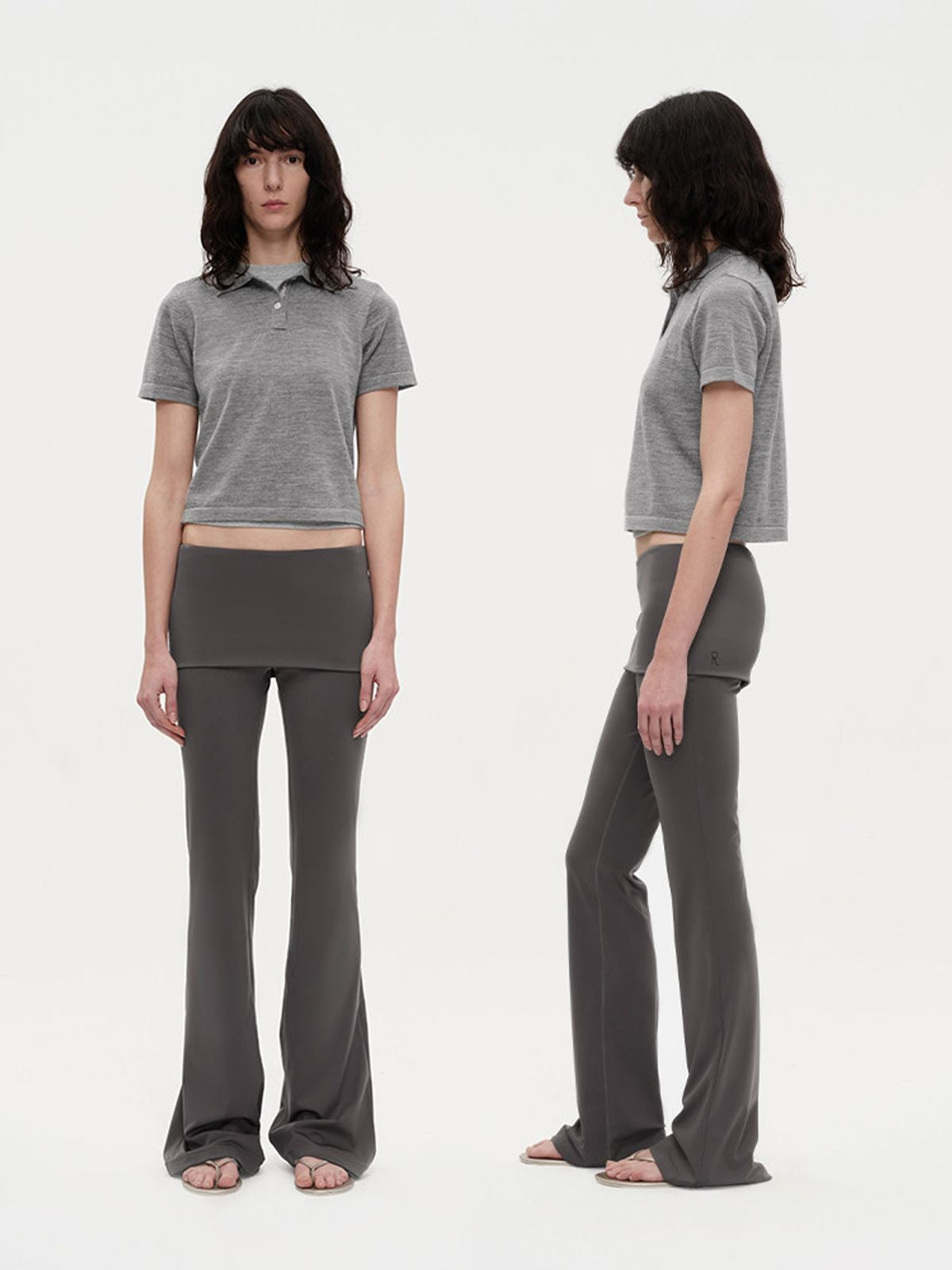 RARELY ALIKE Skirted Low Rise Flare Leggings in Gray - On Model