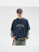 BLINDNOPLAN Distressed Faux Layered Tee in Navy Blue - On Model
