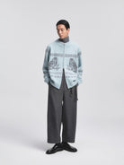 NANS Alpaca Blend Animal Jacquard Cardigan in Sky Blue - On Model