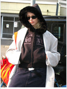 ACSENSE STUDIO Embroidered Faux Fur Zip Hoodie in Black - On Model