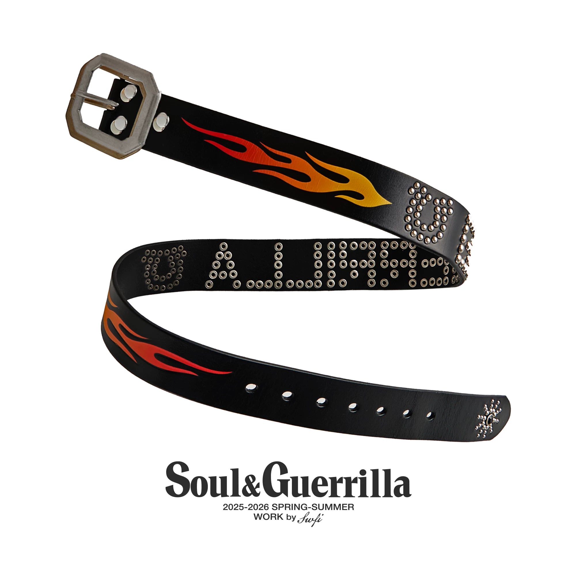 SWFI Flame Carved Studded Leather Belt in Black