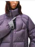 FPA Stand Collar Goose Down Puffer in Purple - On Female Model