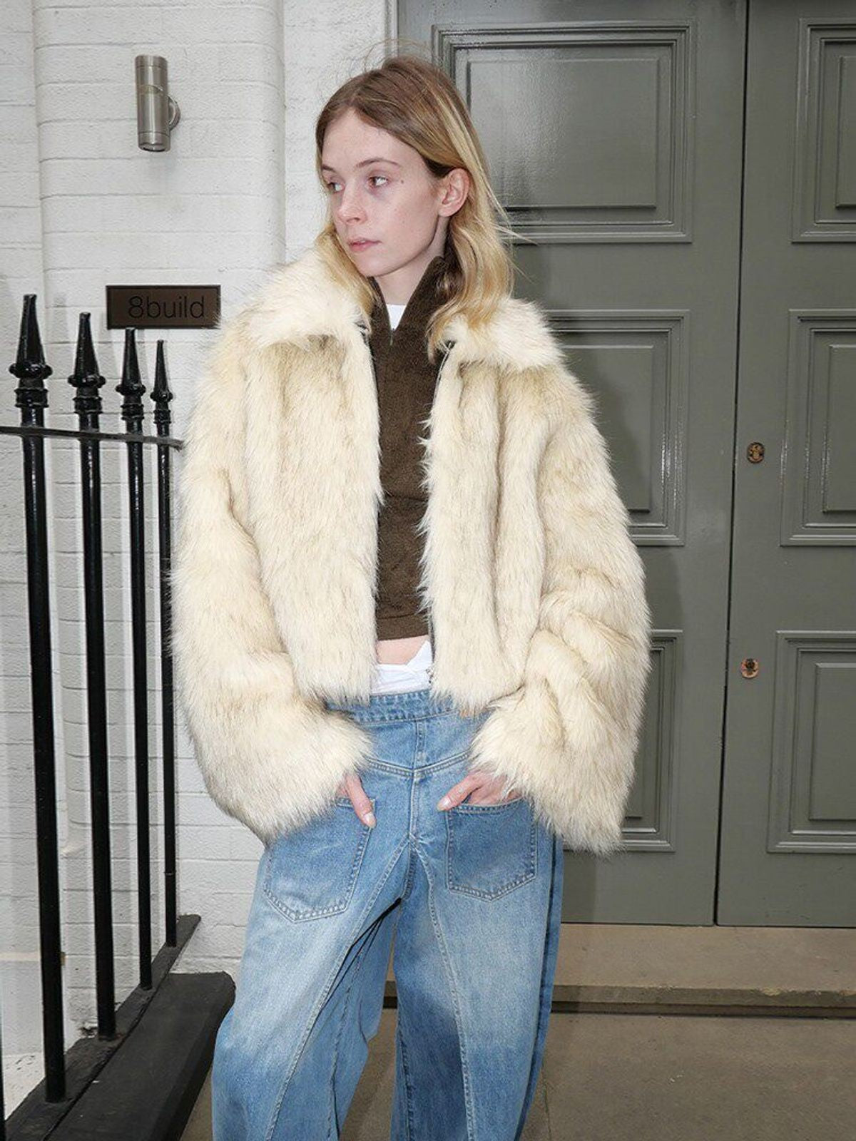 RARELY ALIKE Cropped Faux Fur Zip Jacket in White - On Model