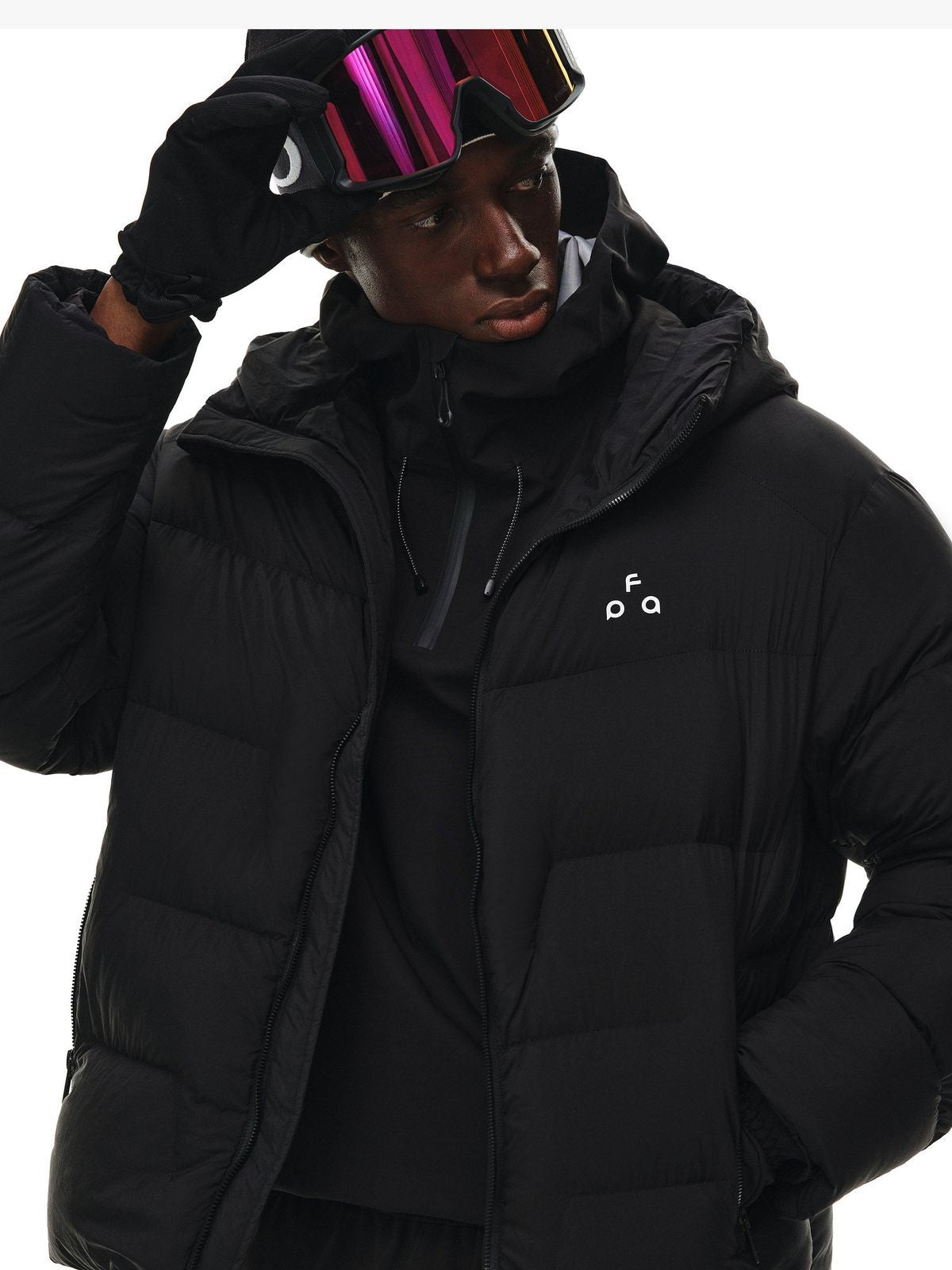 FPA Store Hooded Goose Down Puffer in Black - On Model