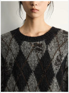 RandomPiece Distressed Argyle Alpaca Blend Sweater in Black - On Model