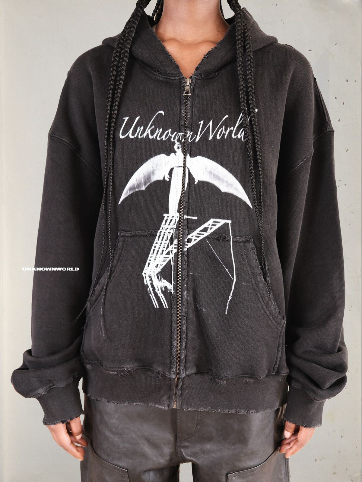 UNKNOWNWORLD Distressed Bat Print Zip Up Hoodie in Black - On Model