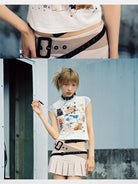 CFIERCE Cat Print Contrast Sleeve Tee in White - On Model