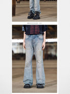 BLINDNOPLAN Distressed Ink Splatter Flare Jeans in Blue - On Model