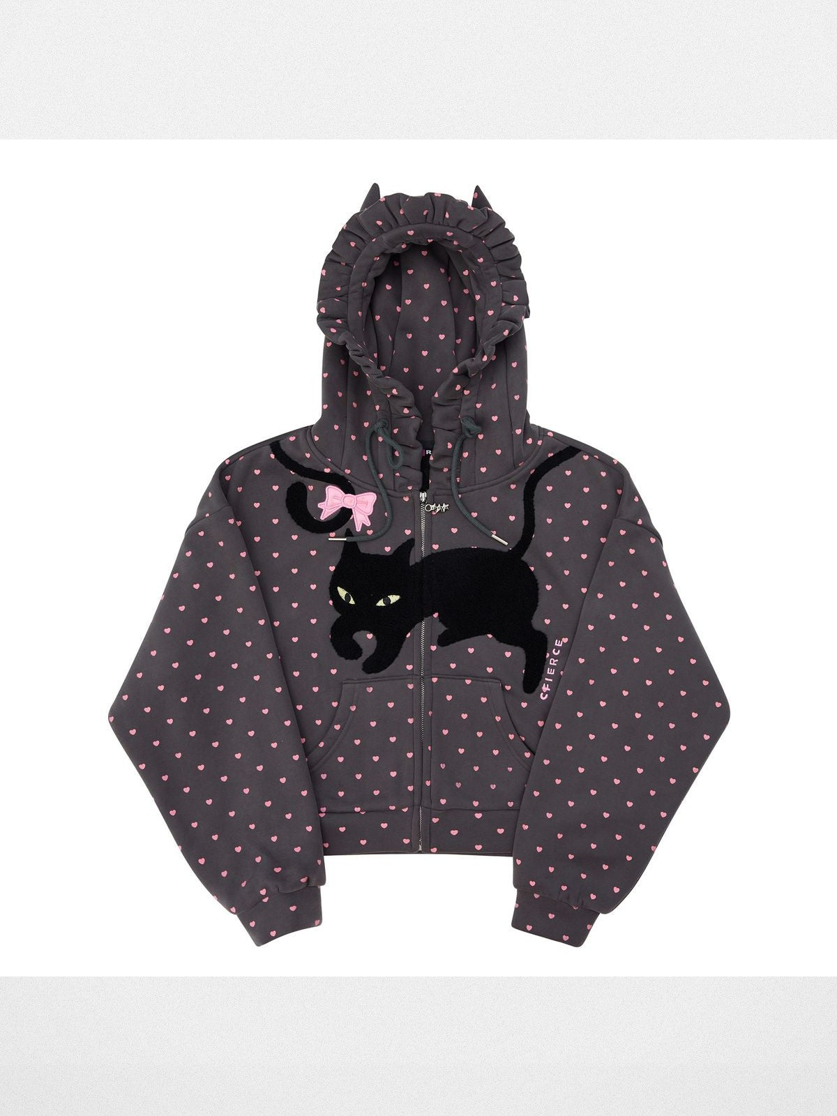 CFIERCE Heart Print Cat Ear Zip Hoodie in Gray