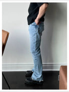 VLABMADE Ice Blue Raw Hem Straight Jeans in Blue - On Model