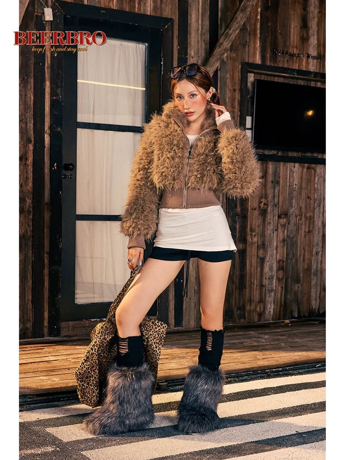 BeerBro Shaggy Faux Fur Cropped Jacket in Brown - On Model