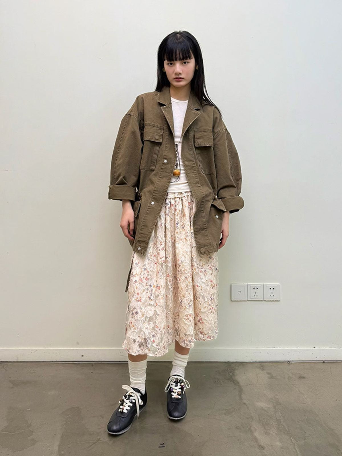 NeverSeez Washed Cotton Workwear Jacket in Brown - On Female Model