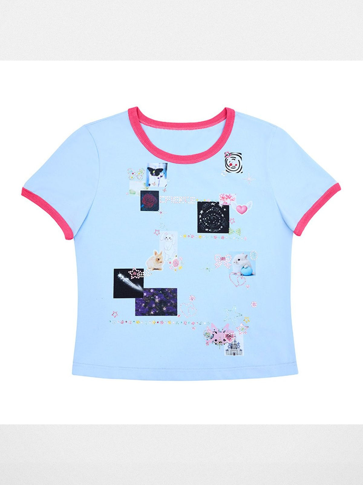CFIERCE Sticker Print Rhinestone T Shirt in Sky Blue