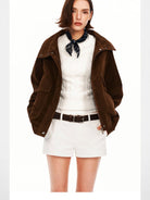 PUKI Cropped Sueded Stand Collar Jacket in Brown - On Model