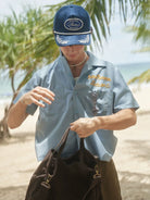 Retro 21 Chenille Embroidered Camp Collar Shirt in Blue - On Model