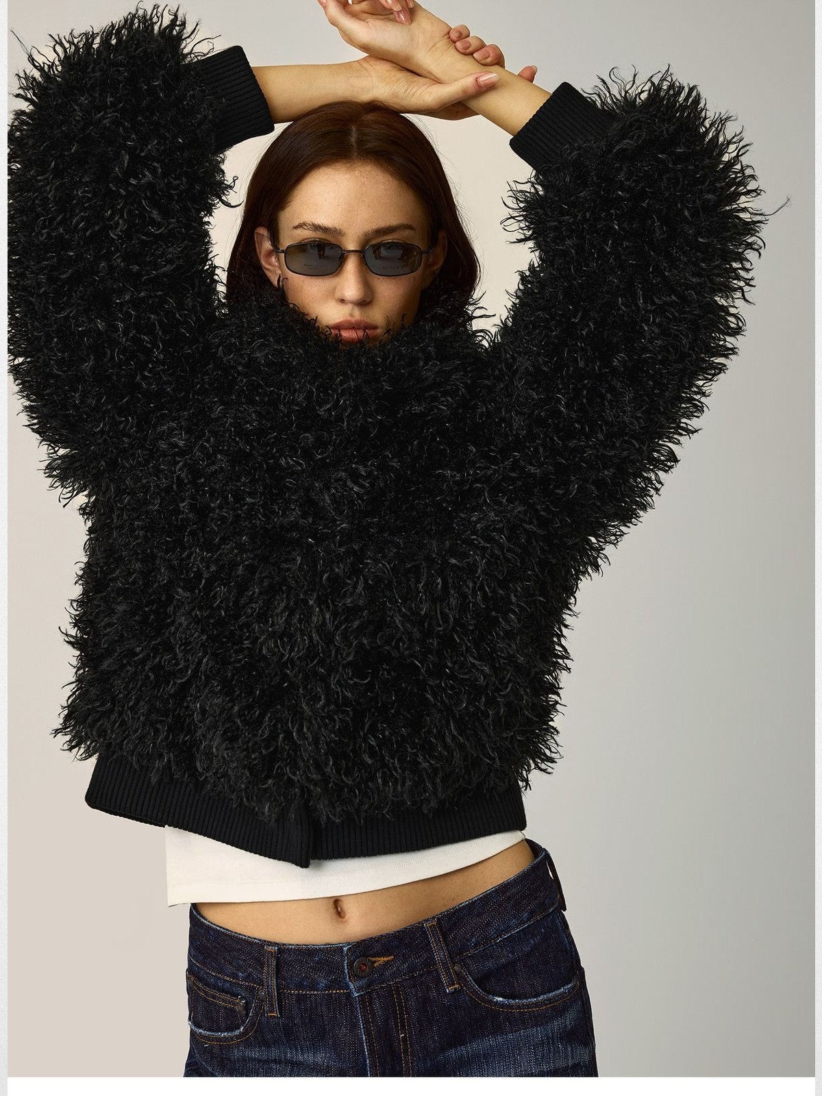 Alright then Faux Mongolian Lamb Fur Jacket in Black - On Model