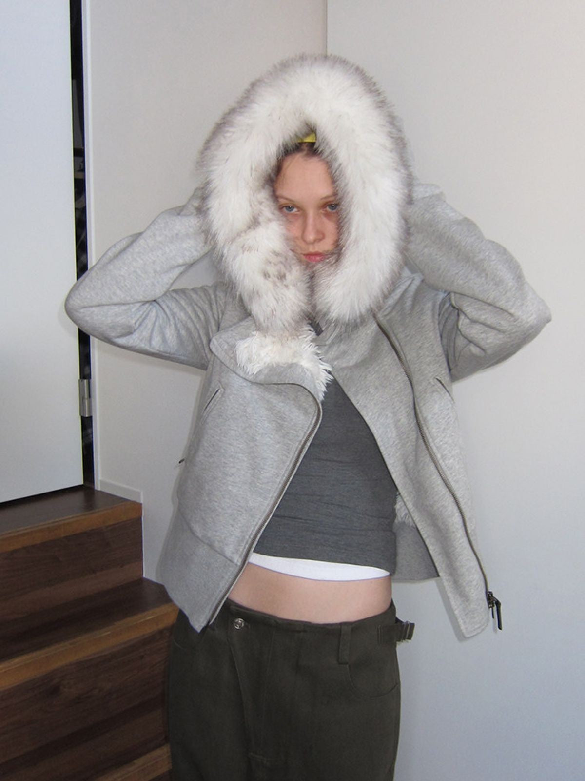 RARELY ALIKE Asymmetrical Plush Lined Jacket in Gray - On Model