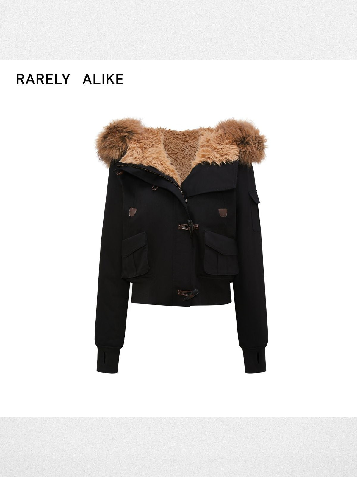 RARELY ALIKE Faux Fur Collar Cropped Jacket in Black