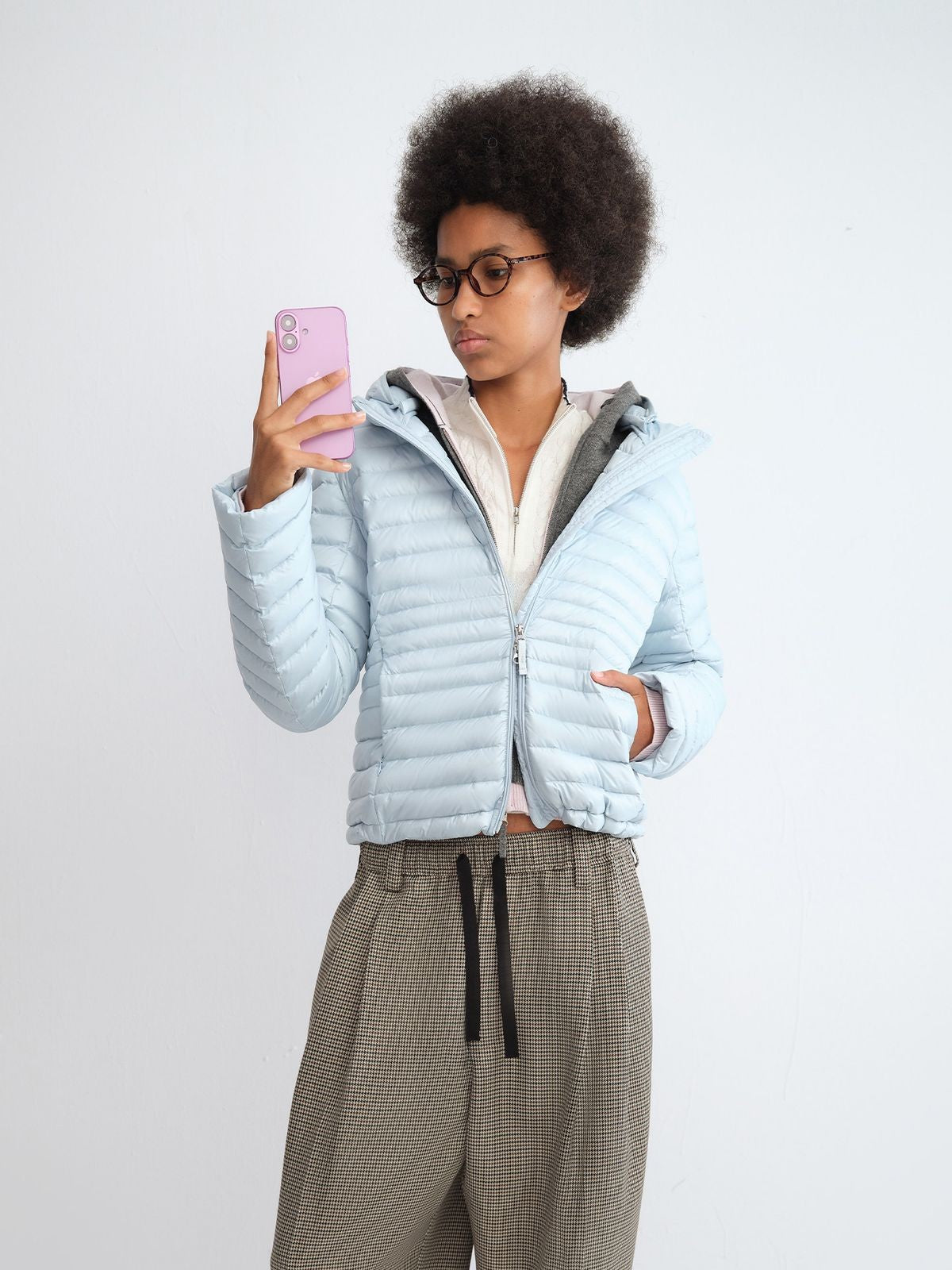 RARELY ALIKE Detachable Hood Down Puffer in Sky Blue - On Model