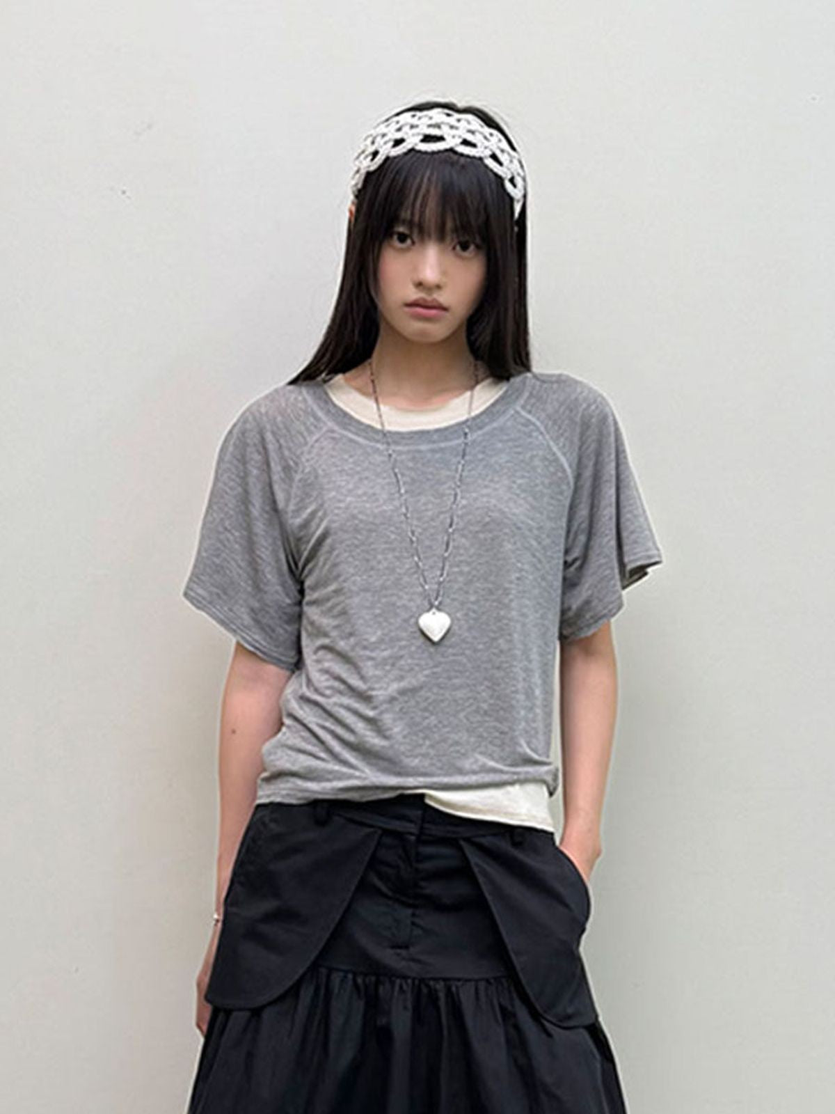 NeverSeez Raw Edge Lyocell Linen T Shirt in Gray - On Model