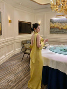 1S STUDIO Acetate Satin Strapless Dress in Yellow - On Model