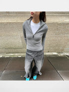 RARELY ALIKE Zip Up High Neck Wool Knit in Gray - On Model